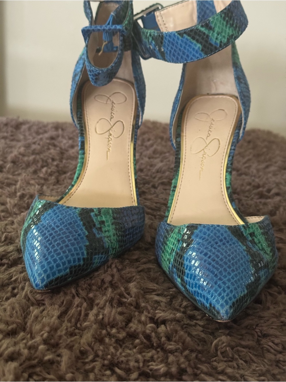 Jessica Simpson Blue and Green Snake-Print Pointed-Toe Ankle-Strap Heels